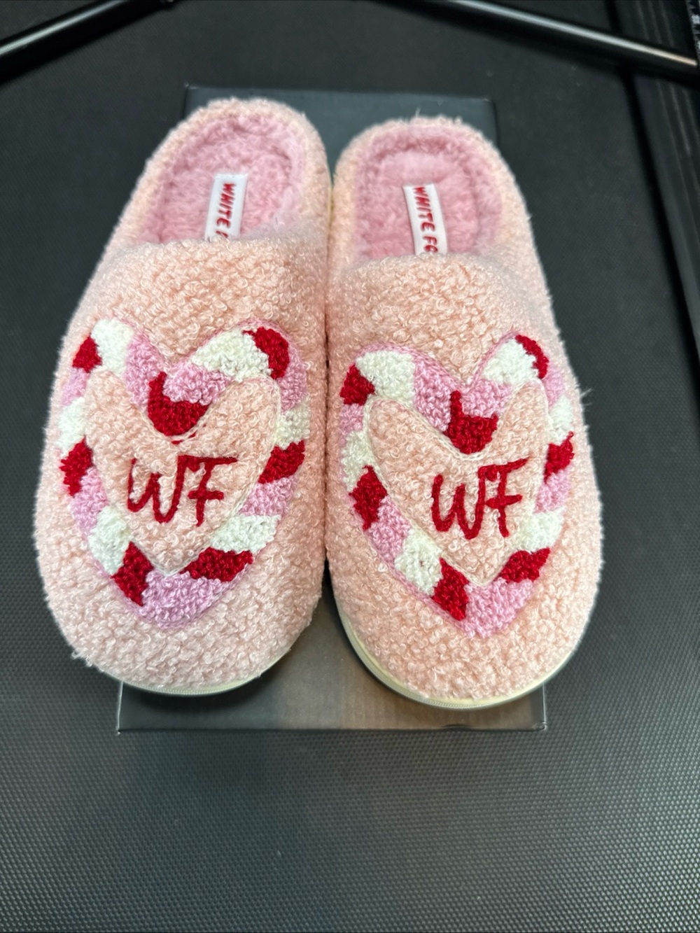 White Fox Boutique Pink Candy Cane Heart Women's Slippers - WF Embroidered